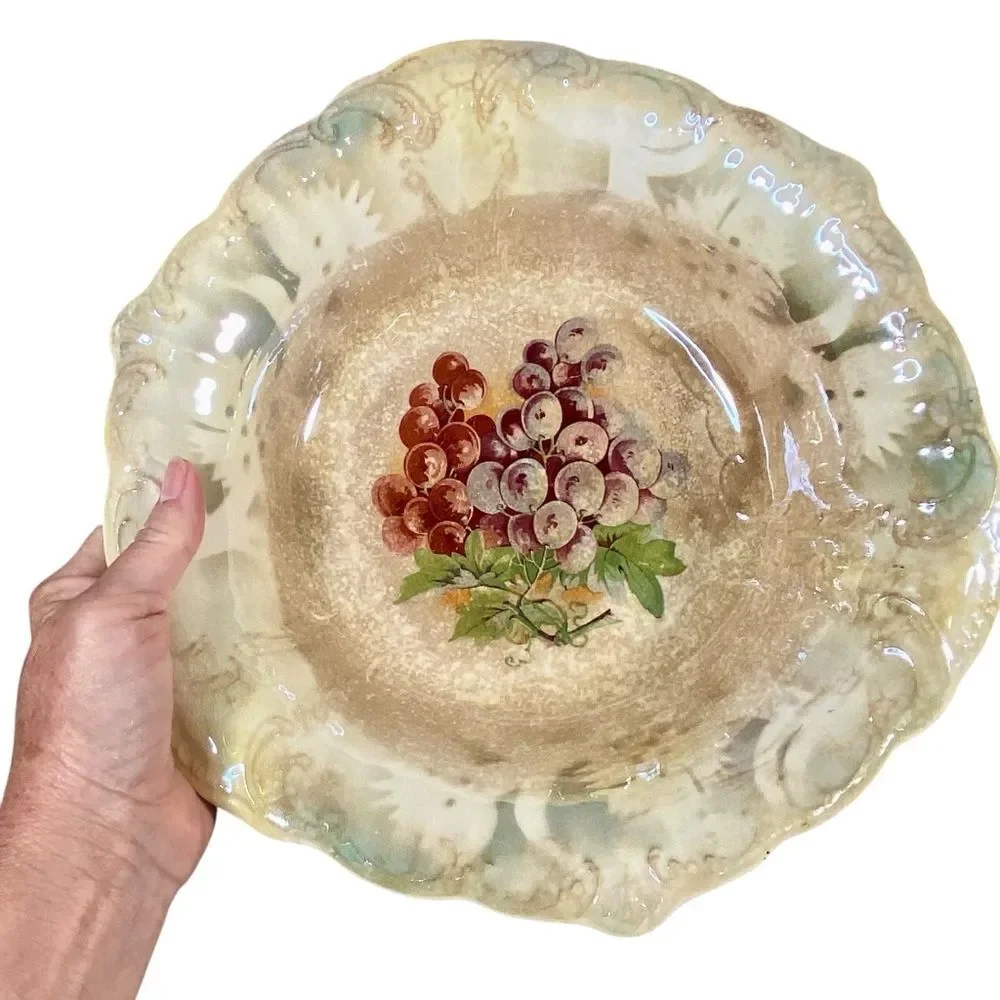 Porcelain Vtg Serving Bowl Grape Pattern Fruit Bowl Stamped Sterling China